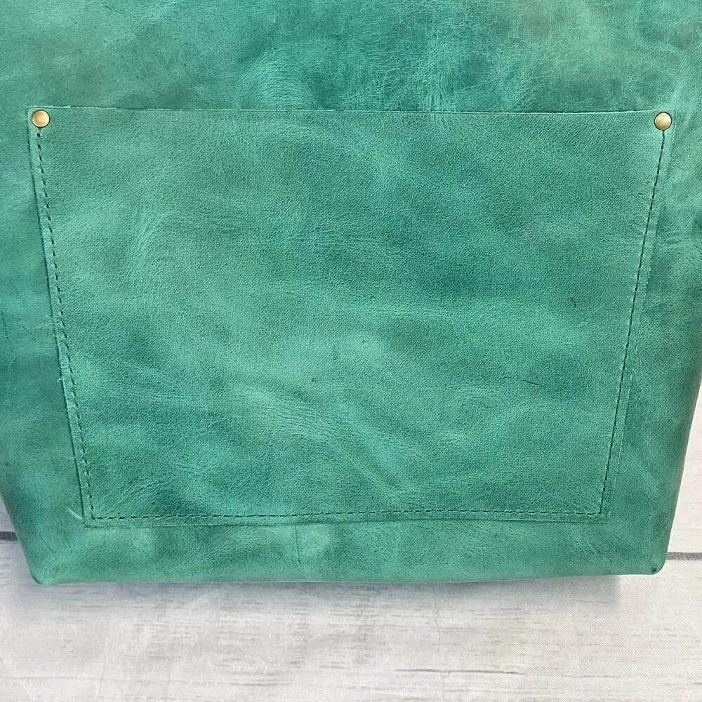 Portland Leather Goods Green Black Leather Handbag Tote Zip Close Pockets 12x15